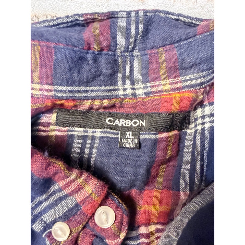 Carbon Mens XL Short Sleeve Plaid Button Down Shirt Navy Blue Red Cotton Casual - Picture 3 of 6